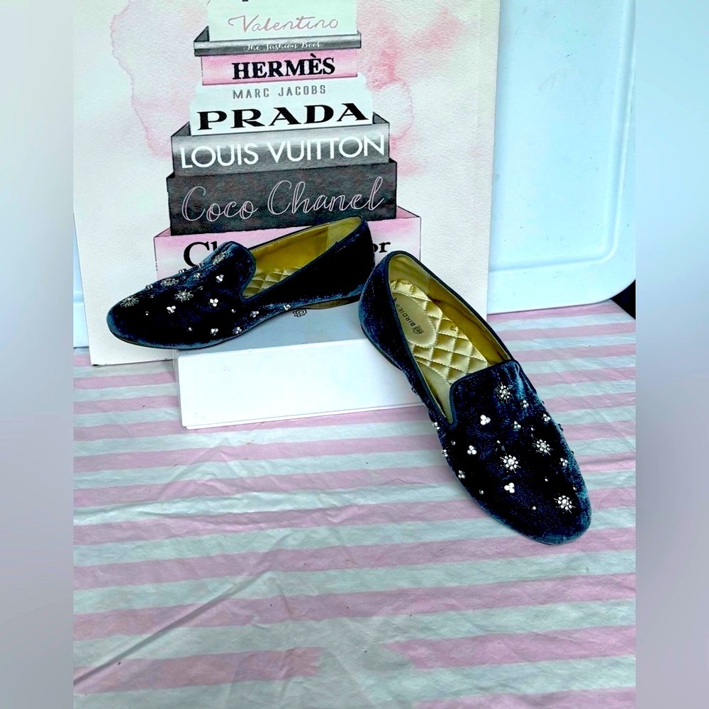 Birdies The Starling crystal-embellished Velvet Loafers in Blue Grey Size 8.5